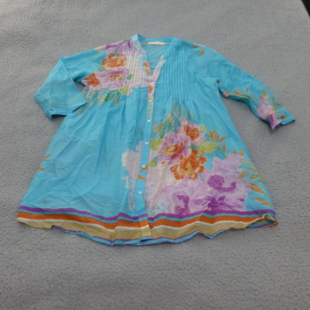 La Cera Blouse Womens Medium Button Up Tunic Floral Beach Sheer Cotton Pockets